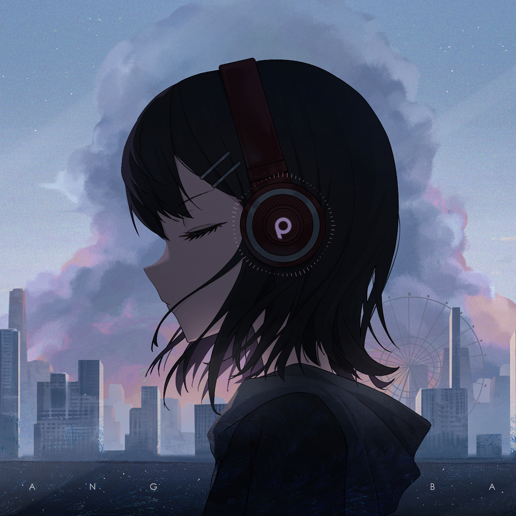 A young girl with headphones listening to music in a city street anime  manga style Stock Illustration  Adobe Stock