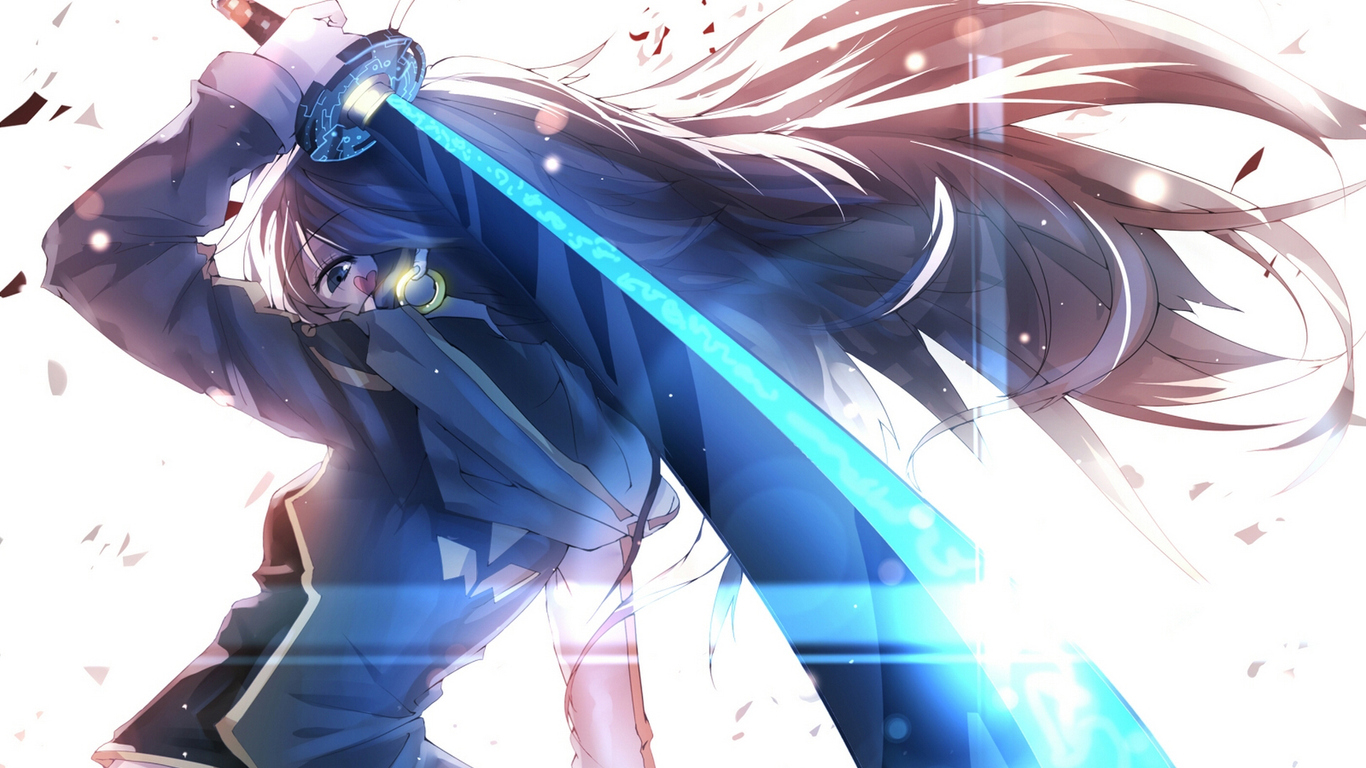 Download Anime girls, Young woman, Sword, Hair, Blue, Art, Anime Wallpaper  in 1366x768 Resolution