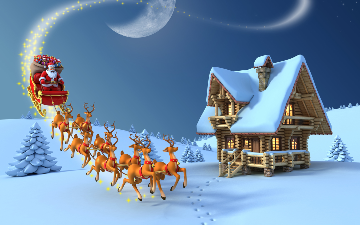Download Santa Claus, Deer, House, Winter, New Year, Month, Freezing,  Christmas tree, Cold Wallpaper in 1440x900 Resolution