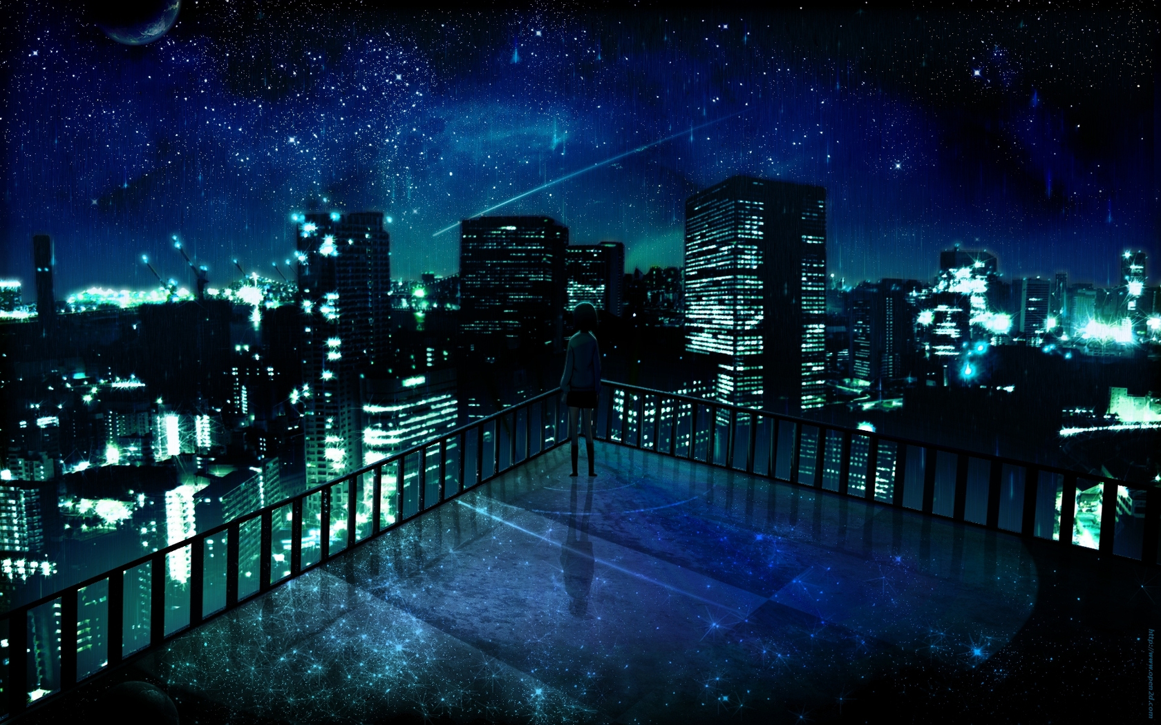 Скачать обои Anime Girl Starry Night Cityscape, Аниме, Девушка, Starry, Ночь,  Городской пейзаж в разрешении 1680x1050 на рабочий стол