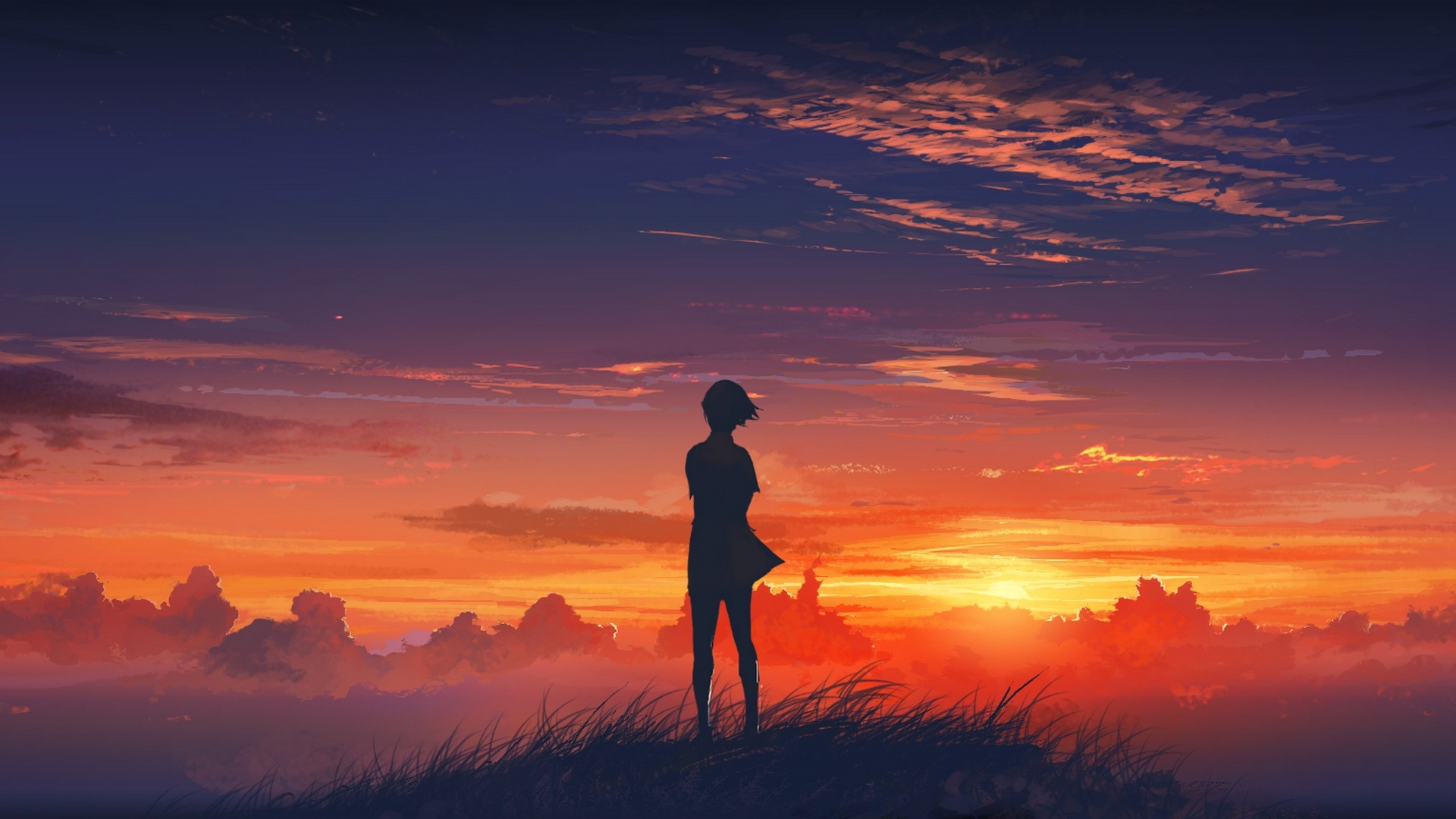 Скачать обои Anime Girl Sunset Hill, Аниме, Девушка, Закат, Силует, Небо в  разрешении 1920x1080 на рабочий стол