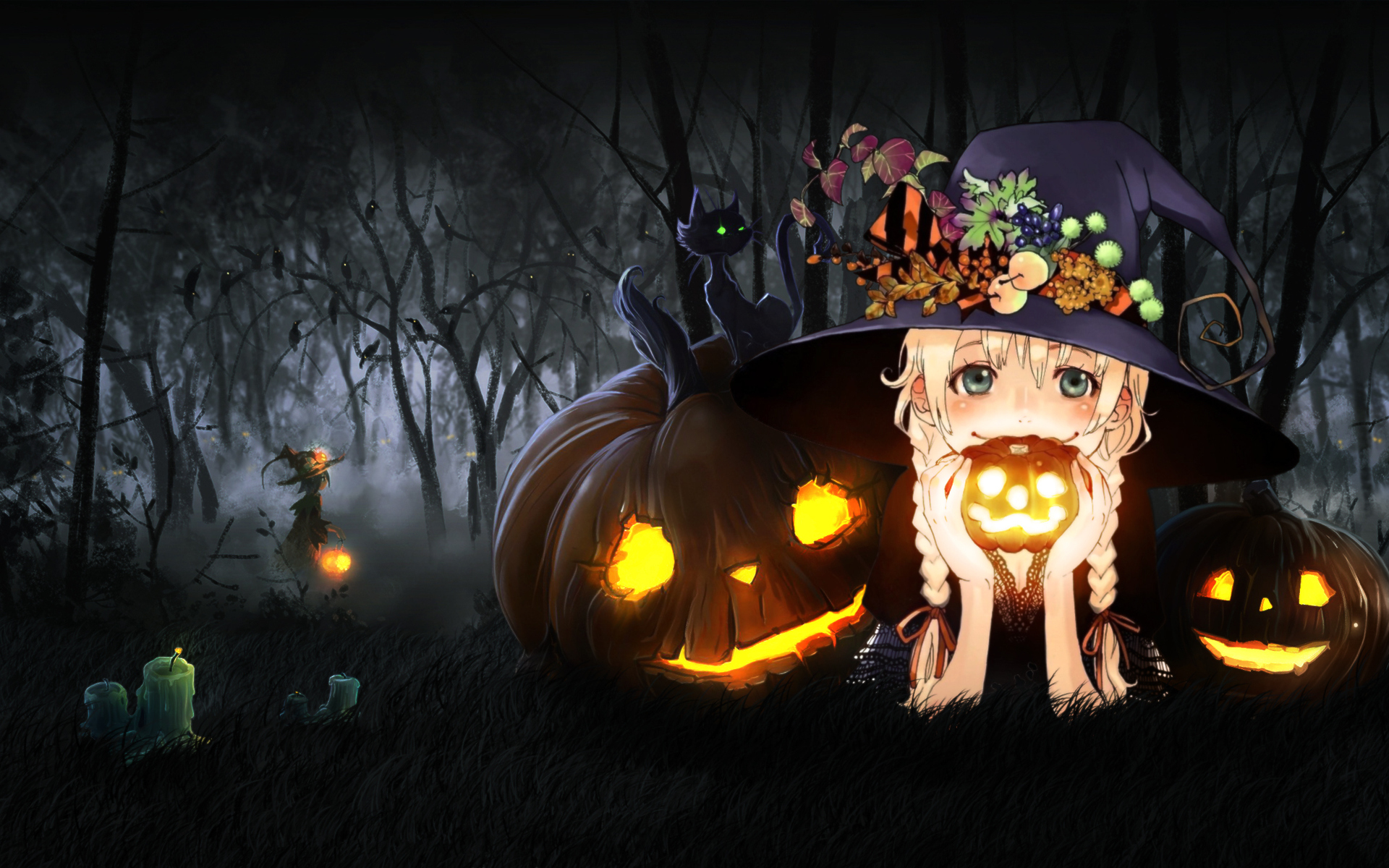 Halloween cat pumpkin in the night forest 2D anime illustration Stock  Illustration  Adobe Stock