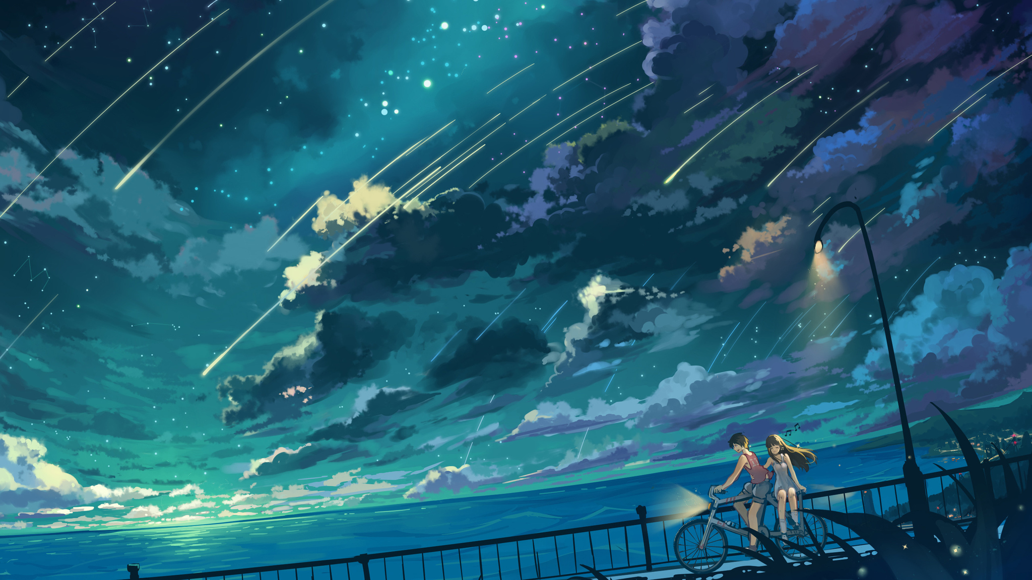 Cùng tận hưởng những chuyến đi đạp xe đầy sảng khoái với hình ảnh cô gái anime và cậu bé chạy trên đường, bao quanh là những đám mây và vô vàn ngôi sao đang lung linh trên bầu trời.