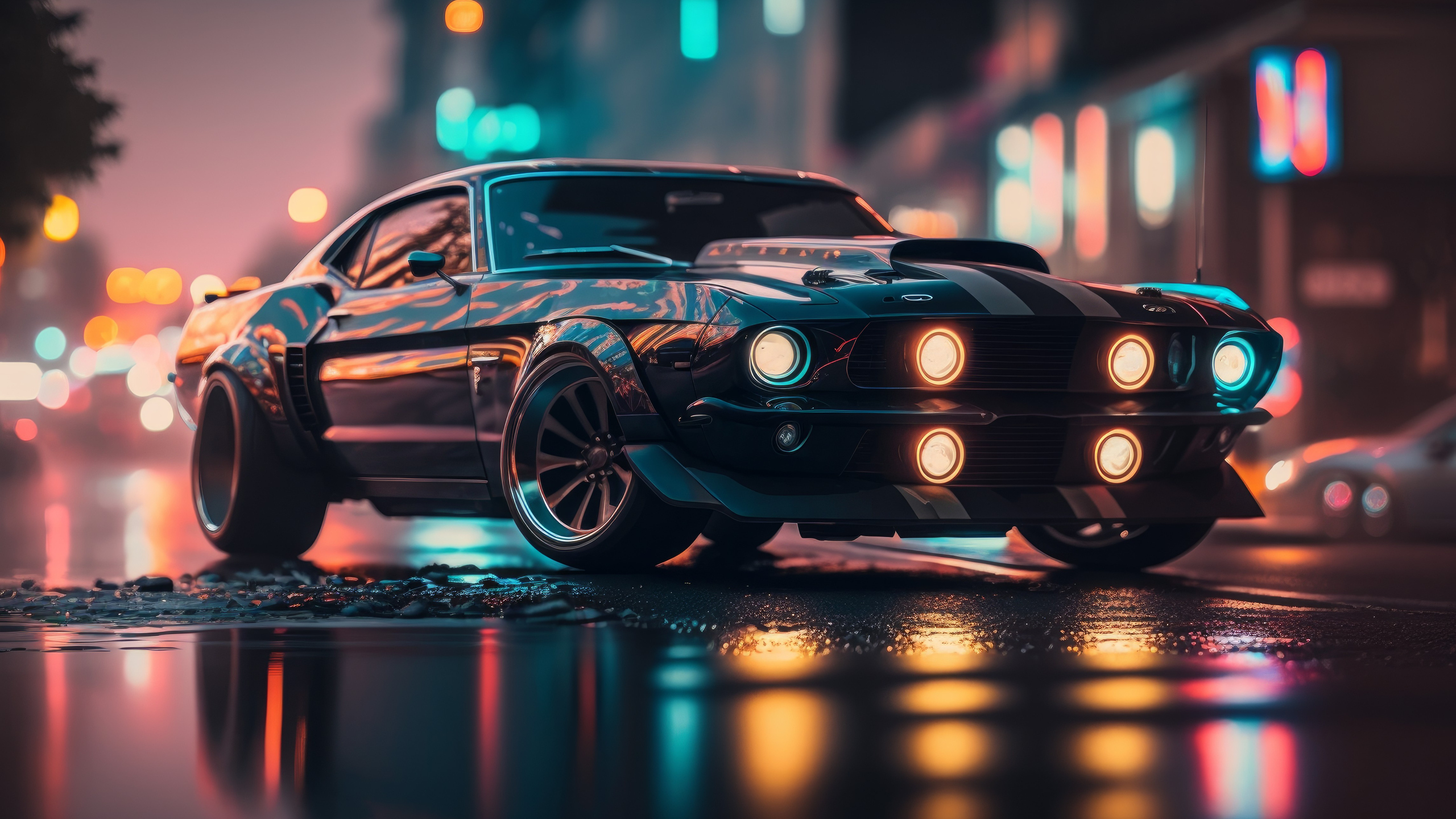 Скачать обои Muscle Car, Автомобиль, Отражение, Блики, AI Art в разрешении  2560x1440 на рабочий стол