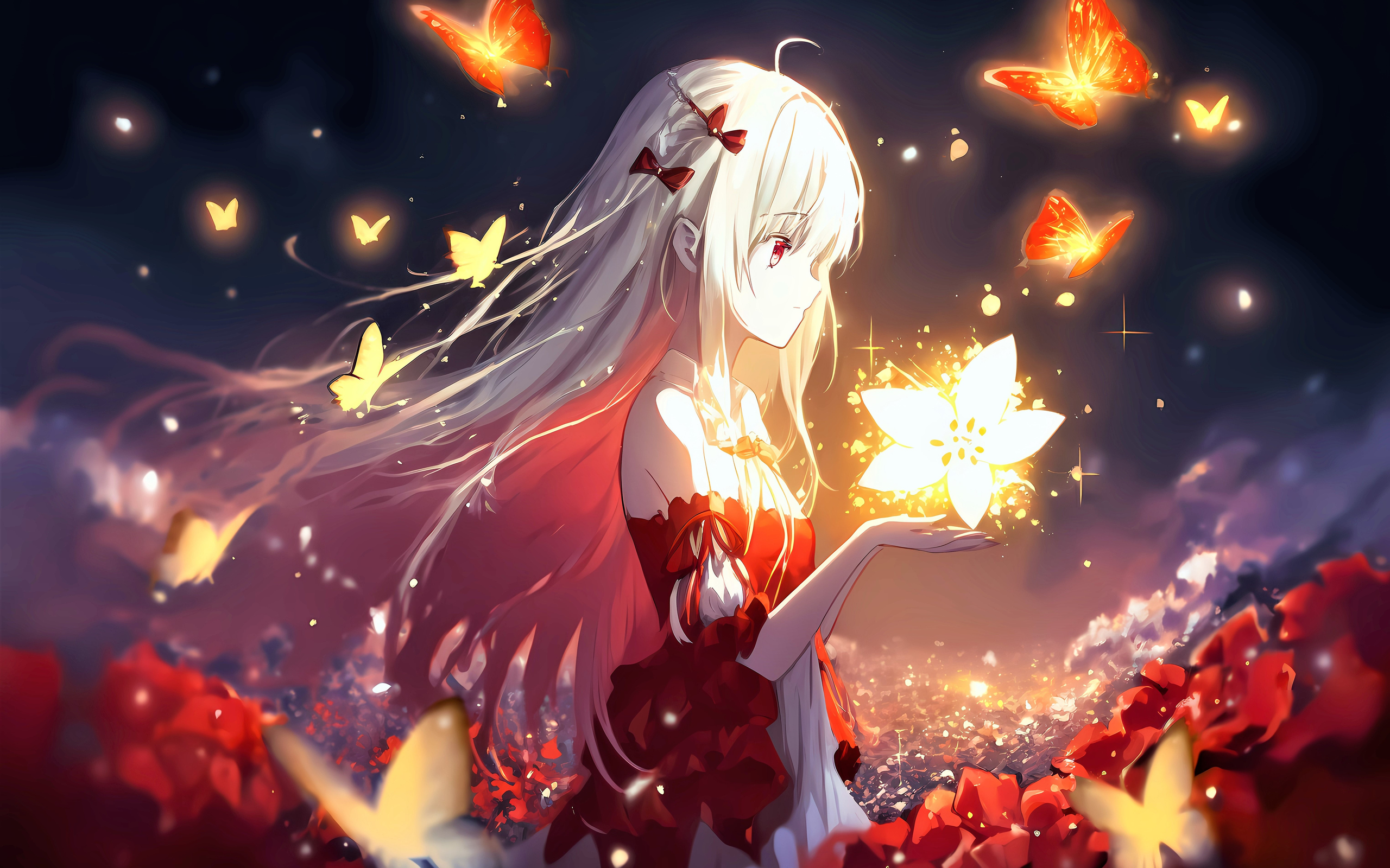 Download Anime girl, Butterflies, Young woman, Flower, Anime, Glow Wallpaper  in 2560x1600 Resolution
