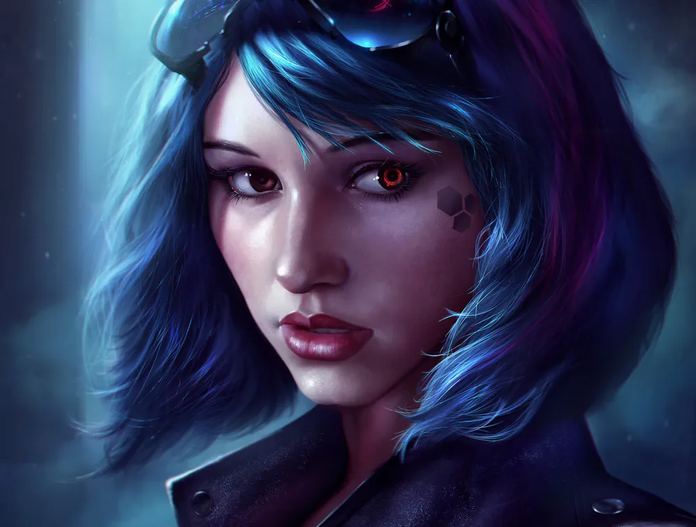 Обои Fantasy Girl Face Blue Hair Illustration 1440x2560